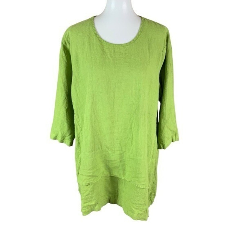 Mosaic USA Green 100% Linen‎ Tunic Top Boho Relaxed Fit Asymmetrical Hem Large